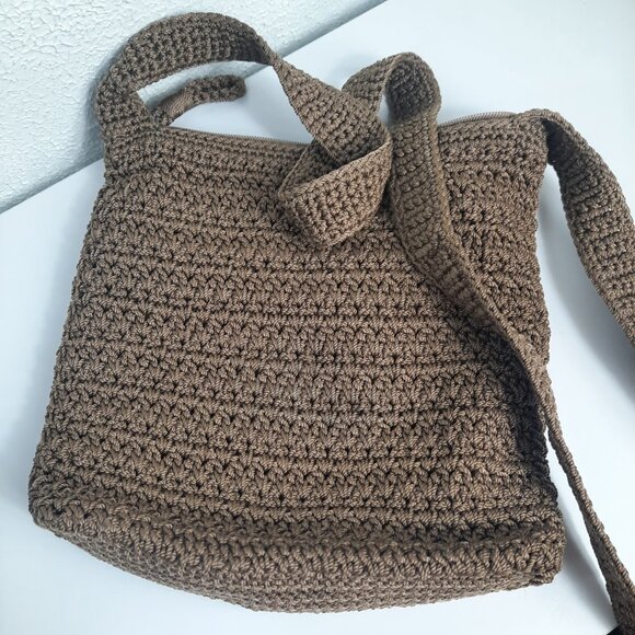 The Sak Crochet Shoulder Bag Brown Woven Purse Crossbody Tote Boho Style EUC 10" - Picture 2 of 7